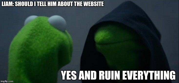 Evil Kermit Meme | LIAM: SHOULD I TELL HIM ABOUT THE WEBSITE; YES AND RUIN EVERYTHING | image tagged in memes,evil kermit | made w/ Imgflip meme maker