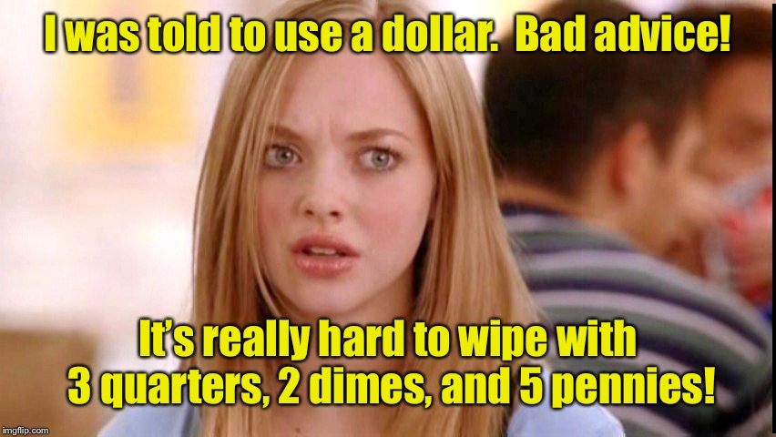 Dumb Blonde | I was told to use a dollar.  Bad advice! It’s really hard to wipe with 3 quarters, 2 dimes, and 5 pennies! | image tagged in dumb blonde | made w/ Imgflip meme maker
