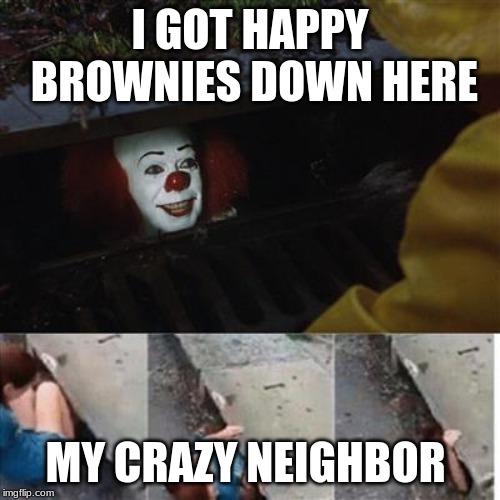 pennywise in sewer | I GOT HAPPY BROWNIES DOWN HERE; MY CRAZY NEIGHBOR | image tagged in pennywise in sewer | made w/ Imgflip meme maker