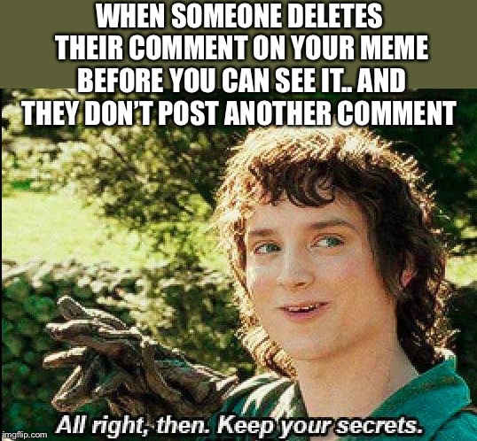 Keep your secrets and your upvote too? Who knows? One of life’s big mysteries | WHEN SOMEONE DELETES THEIR COMMENT ON YOUR MEME BEFORE YOU CAN SEE IT.. AND THEY DON’T POST ANOTHER COMMENT | image tagged in keep your secrets,frontpage,confused dafuq jack sparrow what,pipe_picasso,cravenmoordik,buggylememe | made w/ Imgflip meme maker