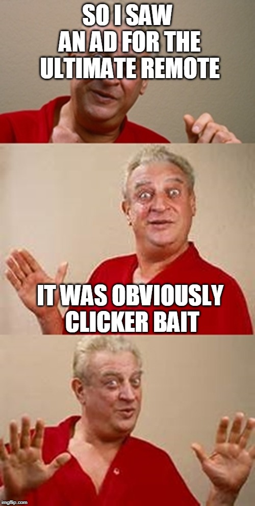 bad pun Dangerfield  | SO I SAW AN AD FOR THE ULTIMATE REMOTE; IT WAS OBVIOUSLY CLICKER BAIT | image tagged in bad pun dangerfield | made w/ Imgflip meme maker
