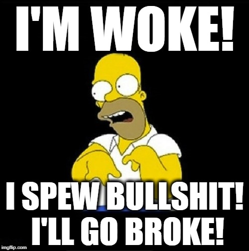 I'm Woke, I'll go broke! | I'M WOKE! I SPEW BULLSHIT! I'LL GO BROKE! | image tagged in homer simpson retarded,woke idiots,woke retards,spoilt brats,woke bullshit | made w/ Imgflip meme maker