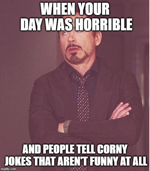 Face You Make Robert Downey Jr | WHEN YOUR DAY WAS HORRIBLE; AND PEOPLE TELL CORNY JOKES THAT AREN'T FUNNY AT ALL | image tagged in memes,face you make robert downey jr | made w/ Imgflip meme maker