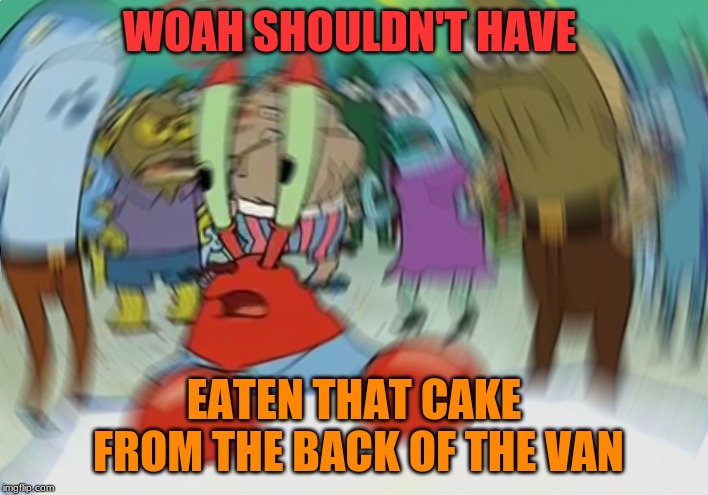 Mr Krabs Blur Meme | WOAH SHOULDN'T HAVE; EATEN THAT CAKE FROM THE BACK OF THE VAN | image tagged in memes,mr krabs blur meme | made w/ Imgflip meme maker