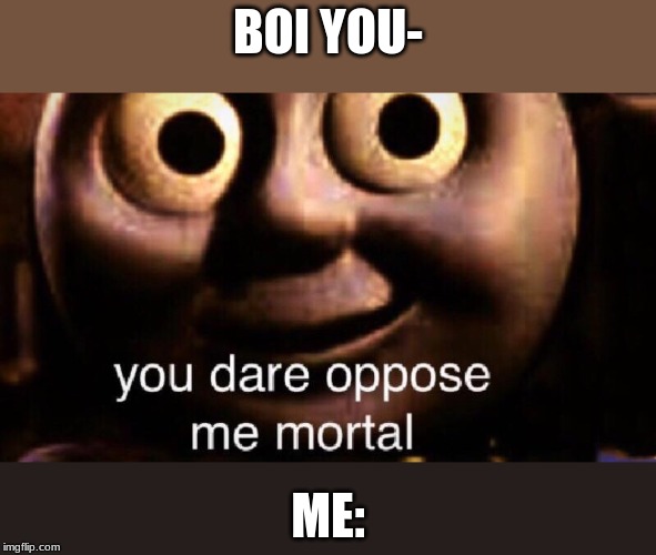 You dare oppose me mortal | BOI YOU-; ME: | image tagged in you dare oppose me mortal | made w/ Imgflip meme maker