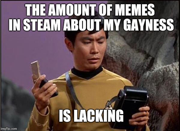 gaydar sulu star trek | THE AMOUNT OF MEMES IN STEAM ABOUT MY GAYNESS; IS LACKING | image tagged in gaydar sulu star trek | made w/ Imgflip meme maker