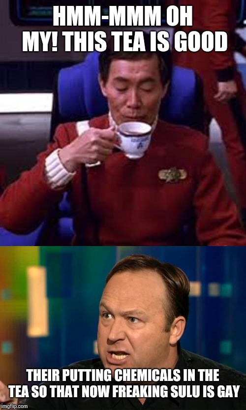 HMM-MMM OH MY! THIS TEA IS GOOD; THEIR PUTTING CHEMICALS IN THE TEA SO THAT NOW FREAKING SULU IS GAY | image tagged in alex jones,sulu that's ooohh my business | made w/ Imgflip meme maker