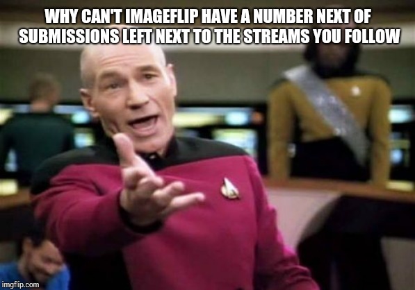 Picard Wtf | WHY CAN'T IMAGEFLIP HAVE A NUMBER NEXT OF SUBMISSIONS LEFT NEXT TO THE STREAMS YOU FOLLOW | image tagged in memes,picard wtf | made w/ Imgflip meme maker