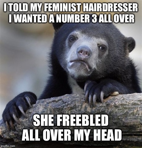 Confession Bear | I TOLD MY FEMINIST HAIRDRESSER I WANTED A NUMBER 3 ALL OVER; SHE FREEBLED ALL OVER MY HEAD | image tagged in memes,confession bear | made w/ Imgflip meme maker