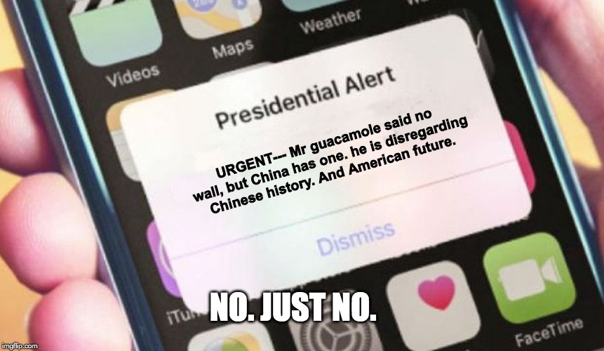 Presidential Alert Meme | URGENT---
Mr guacamole said no wall, but China has one. he is disregarding Chinese history. And American future. NO. JUST NO. | image tagged in memes,presidential alert | made w/ Imgflip meme maker