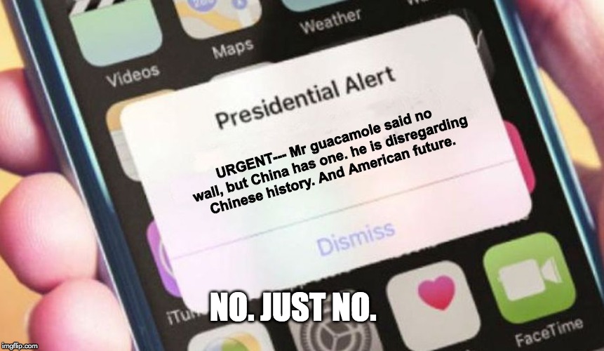 Presidential Alert Meme | URGENT---
Mr guacamole said no wall, but China has one. he is disregarding Chinese history. And American future. NO. JUST NO. | image tagged in memes,presidential alert | made w/ Imgflip meme maker