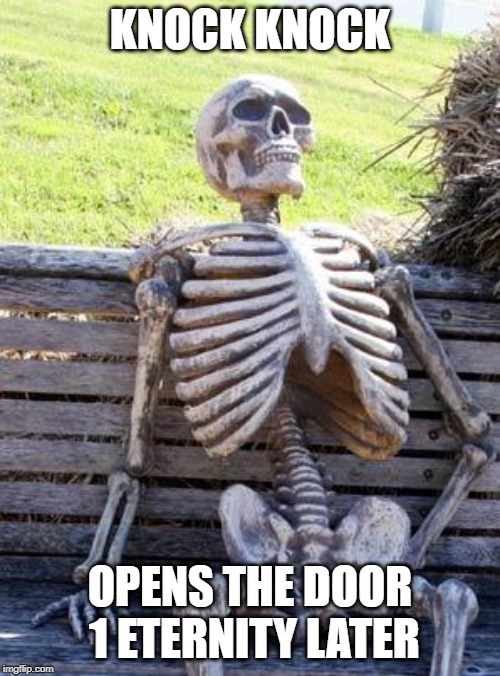 Waiting Skeleton | KNOCK KNOCK; OPENS THE DOOR 1 ETERNITY LATER | image tagged in memes,waiting skeleton | made w/ Imgflip meme maker