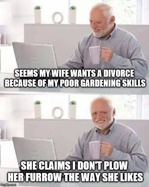 Hide the Pain Harold Meme | SEEMS MY WIFE WANTS A DIVORCE BECAUSE OF MY POOR GARDENING SKILLS; SHE CLAIMS I DON'T PLOW HER FURROW THE WAY SHE LIKES | image tagged in memes,hide the pain harold | made w/ Imgflip meme maker