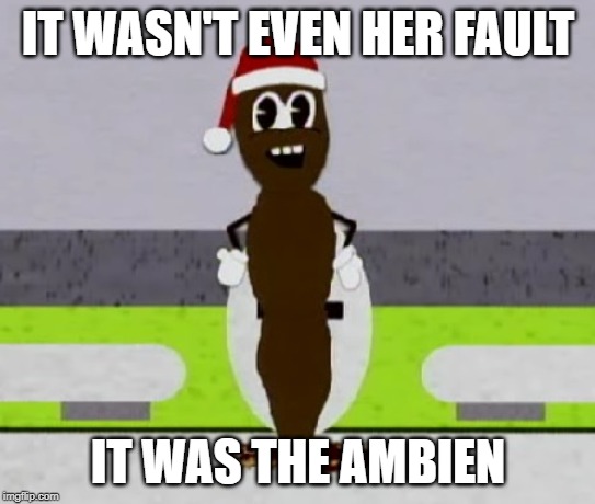 Mr. Hankey The Christmas Poo | IT WASN'T EVEN HER FAULT; IT WAS THE AMBIEN | image tagged in mr hankey the christmas poo | made w/ Imgflip meme maker