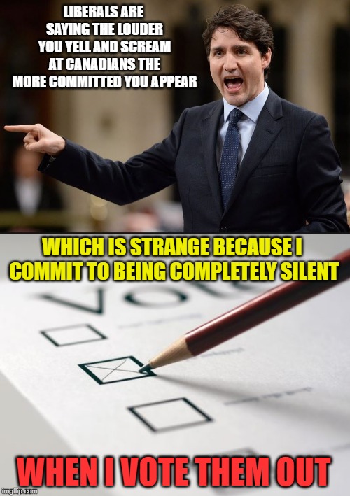Why do they think this? | LIBERALS ARE SAYING THE LOUDER YOU YELL AND SCREAM AT CANADIANS THE MORE COMMITTED YOU APPEAR; WHICH IS STRANGE BECAUSE I COMMIT TO BEING COMPLETELY SILENT; WHEN I VOTE THEM OUT | image tagged in voting ballot,trudeau,justin trudeau,meanwhile in canada,stupid liberals,liberal logic | made w/ Imgflip meme maker