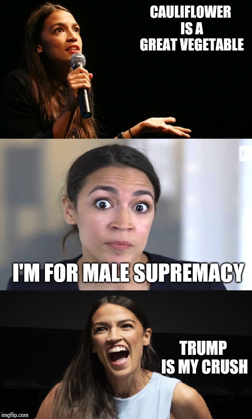 AOC Jokes | CAULIFLOWER IS A GREAT VEGETABLE; I'M FOR MALE SUPREMACY; TRUMP IS MY CRUSH | image tagged in aoc jokes | made w/ Imgflip meme maker