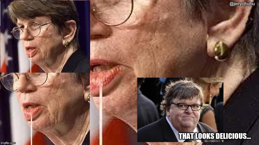 That looks delicious | @jerrycthulhu; THAT LOOKS DELICIOUS... | image tagged in janet reno,michael moore,saliva,food | made w/ Imgflip meme maker