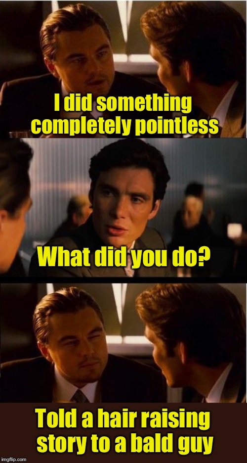 Pointless Pun | I did something completely pointless; What did you do? Told a hair raising story to a bald guy | image tagged in memes,inception,bad pun | made w/ Imgflip meme maker