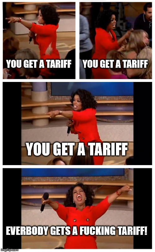 Oprah You Get A Car Everybody Gets A Car Meme | YOU GET A TARIFF; YOU GET A TARIFF; YOU GET A TARIFF; EVERBODY GETS A FUCKING TARIFF! | image tagged in memes,oprah you get a car everybody gets a car | made w/ Imgflip meme maker