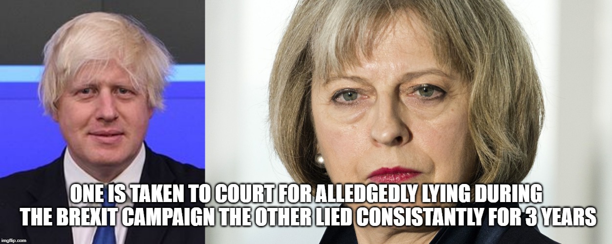 ONE IS TAKEN TO COURT FOR ALLEDGEDLY LYING DURING THE BREXIT CAMPAIGN THE OTHER LIED CONSISTANTLY FOR 3 YEARS | image tagged in theresa may,boris johnson | made w/ Imgflip meme maker