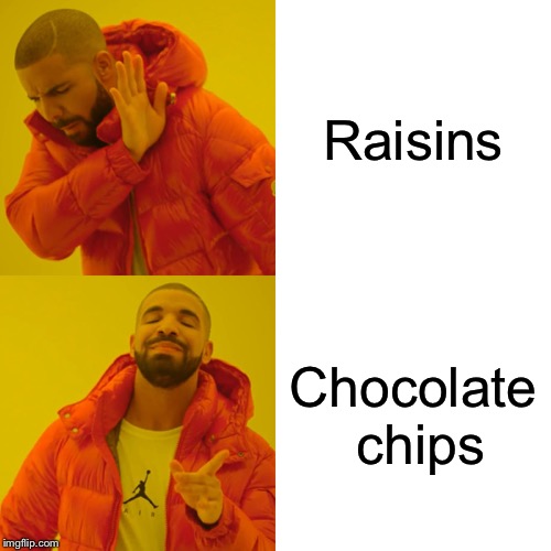A title | Raisins; Chocolate chips | image tagged in memes,drake hotline bling | made w/ Imgflip meme maker