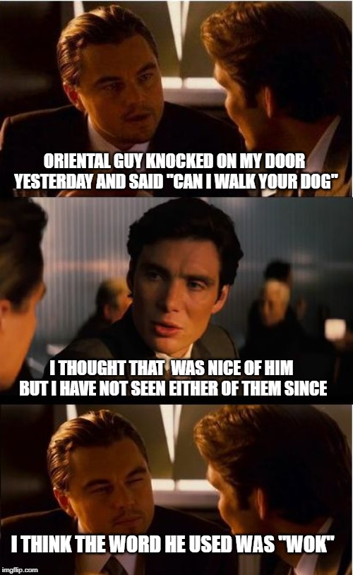 walking the dog | ORIENTAL GUY KNOCKED ON MY DOOR YESTERDAY AND SAID "CAN I WALK YOUR DOG"; I THOUGHT THAT  WAS NICE OF HIM BUT I HAVE NOT SEEN EITHER OF THEM SINCE; I THINK THE WORD HE USED WAS "WOK" | image tagged in memes,inception | made w/ Imgflip meme maker