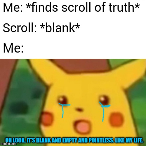 Surprised Pikachu Meme | Me: *finds scroll of truth* Scroll: *blank* Me: OH LOOK. IT'S BLANK AND EMPTY AND POINTLESS. LIKE MY LIFE. | image tagged in memes,surprised pikachu | made w/ Imgflip meme maker