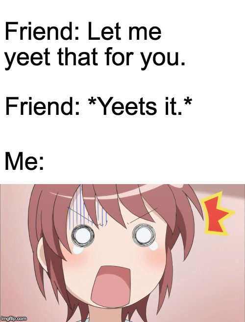 Friend: Let me yeet that for you. Friend: *Yeets it.* Me: | image tagged in blank white template,anime surprised face | made w/ Imgflip meme maker