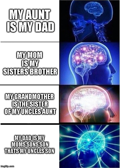 Expanding Brain Meme | MY AUNT IS MY DAD; MY MOM IS MY SISTERS BROTHER; MY GRANDMOTHER IS THE SISTER OF MY UNCLES AUNT; MY DAD IS MY MOMS SONS SON THATS MY UNCLES SON | image tagged in memes,expanding brain | made w/ Imgflip meme maker