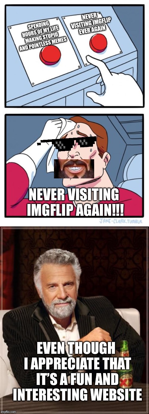 Best decision I’ve made this year | NEVER VISITING IMGFLIP EVER AGAIN; SPENDING HOURS OF MY LIFE MAKING STUPID AND POINTLESS MEMES; NEVER VISITING IMGFLIP AGAIN!!! EVEN THOUGH I APPRECIATE THAT IT’S A FUN AND INTERESTING WEBSITE | image tagged in memes,the most interesting man in the world,two buttons | made w/ Imgflip meme maker