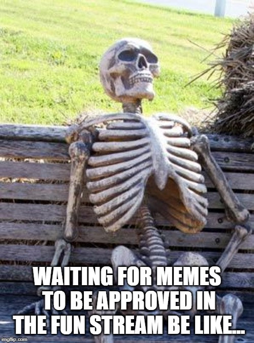 Takes too Long... | WAITING FOR MEMES TO BE APPROVED IN THE FUN STREAM BE LIKE... | image tagged in memes,waiting skeleton | made w/ Imgflip meme maker