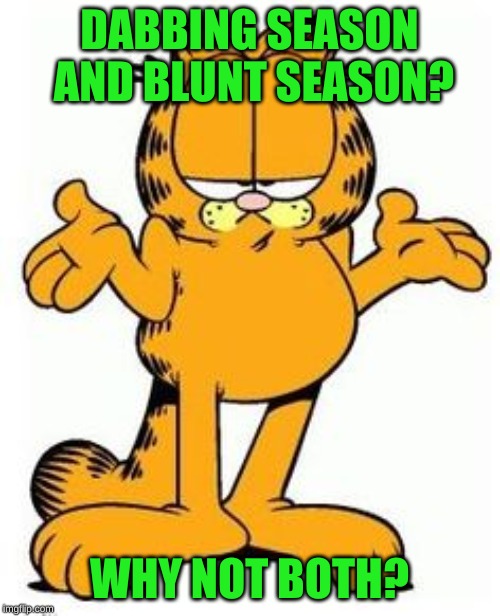 Garfield shrug | DABBING SEASON AND BLUNT SEASON? WHY NOT BOTH? | image tagged in garfield shrug | made w/ Imgflip meme maker
