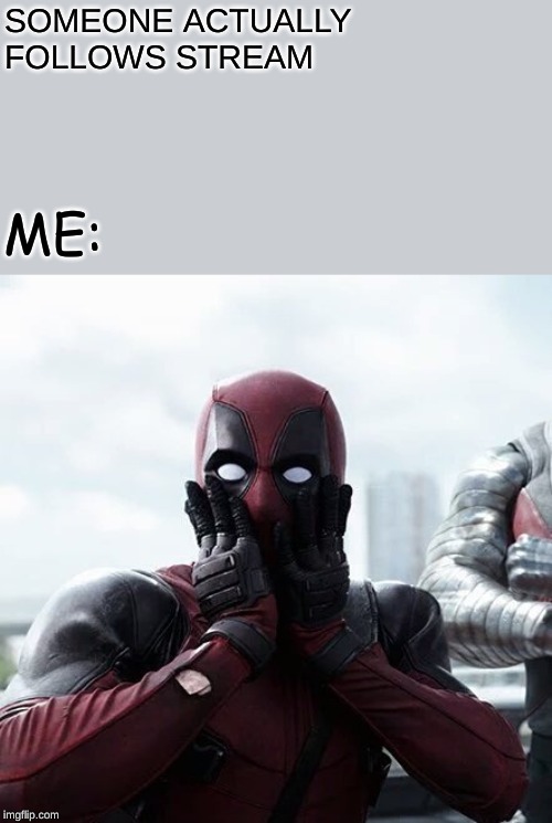 Deadpool Surprised Meme | SOMEONE ACTUALLY FOLLOWS STREAM ME: | image tagged in memes,deadpool surprised | made w/ Imgflip meme maker