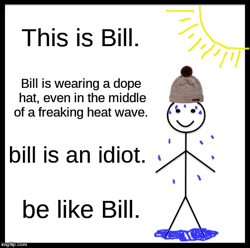 I'm out of meme ideas... | This is Bill. Bill is wearing a dope hat, even in the middle of a freaking heat wave. bill is an idiot. be like Bill. | image tagged in memes,be like bill | made w/ Imgflip meme maker