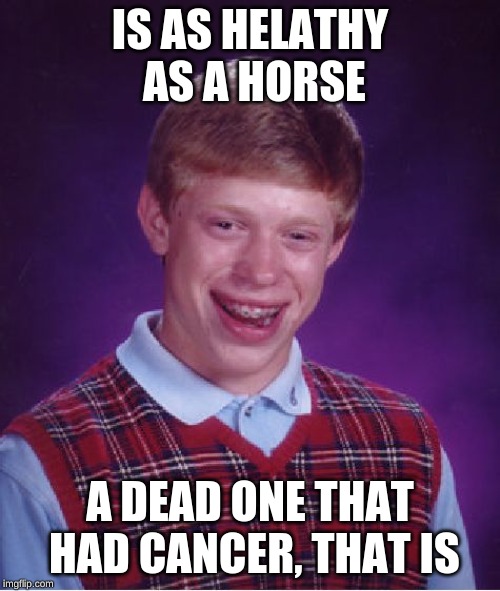 And that's why you should always wash your hands after coming in contact with a horse! | IS AS HELATHY AS A HORSE; A DEAD ONE THAT HAD CANCER, THAT IS | image tagged in memes,bad luck brian | made w/ Imgflip meme maker