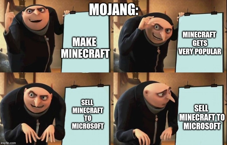 Gru poster | MAKE MINECRAFT; MOJANG:; MINECRAFT GETS VERY POPULAR; SELL MINECRAFT TO MICROSOFT; SELL MINECRAFT TO MICROSOFT | image tagged in gru poster | made w/ Imgflip meme maker