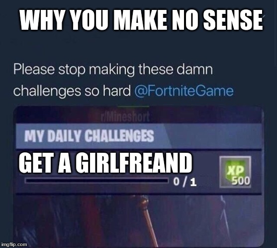 Fortnite Challenge | WHY YOU MAKE NO SENSE; GET A GIRLFREAND | image tagged in fortnite challenge | made w/ Imgflip meme maker
