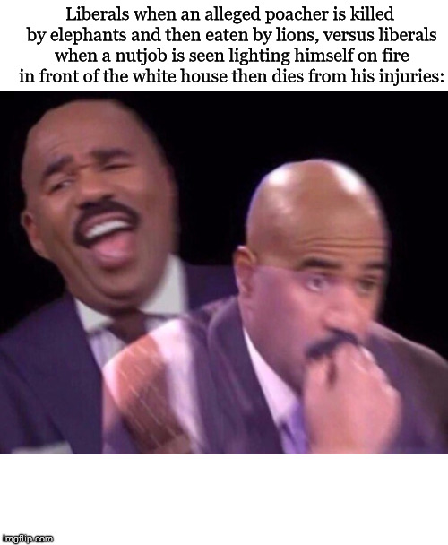 What did you honestly EXPECT to happen? | Liberals when an alleged poacher is killed by elephants and then eaten by lions, versus liberals when a nutjob is seen lighting himself on fire in front of the white house then dies from his injuries: | image tagged in steve harvey laughing serious | made w/ Imgflip meme maker