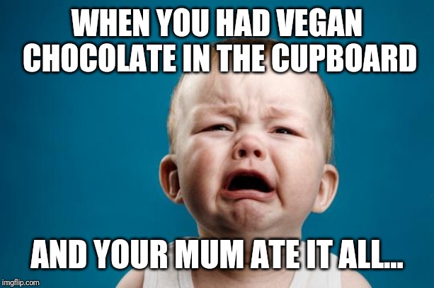 BABY CRYING | WHEN YOU HAD VEGAN CHOCOLATE IN THE CUPBOARD; AND YOUR MUM ATE IT ALL... | image tagged in baby crying | made w/ Imgflip meme maker