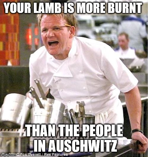 Chef Gordon Ramsay Meme | YOUR LAMB IS MORE BURNT; THAN THE PEOPLE IN AUSCHWITZ | image tagged in memes,chef gordon ramsay | made w/ Imgflip meme maker