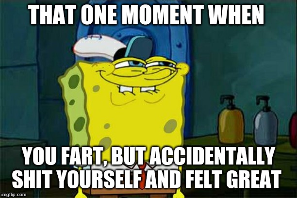 Don't You Squidward Meme | THAT ONE MOMENT WHEN; YOU FART, BUT ACCIDENTALLY SHIT YOURSELF AND FELT GREAT | image tagged in memes,dont you squidward | made w/ Imgflip meme maker