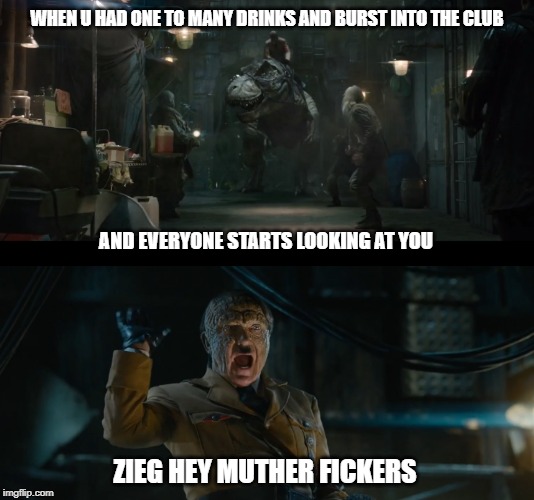 WHEN U HAD ONE TO MANY DRINKS AND BURST INTO THE CLUB; AND EVERYONE STARTS LOOKING AT YOU; ZIEG HEY MUTHER FICKERS | image tagged in weekend | made w/ Imgflip meme maker