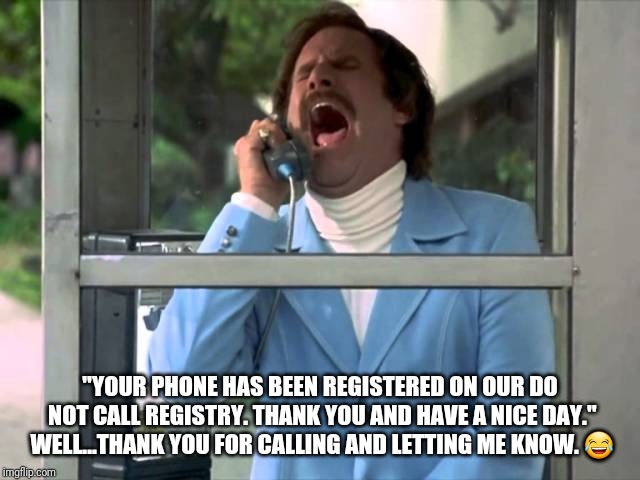Anchorman telephone booth | "YOUR PHONE HAS BEEN REGISTERED ON OUR DO NOT CALL REGISTRY. THANK YOU AND HAVE A NICE DAY." WELL...THANK YOU FOR CALLING AND LETTING ME KNOW. 😂 | image tagged in anchorman telephone booth | made w/ Imgflip meme maker