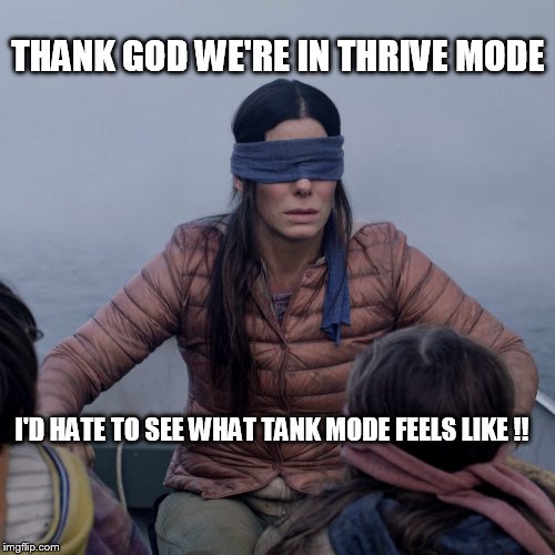 Bird Box Meme | THANK GOD WE'RE IN THRIVE MODE; I'D HATE TO SEE WHAT TANK MODE FEELS LIKE !! | image tagged in memes,bird box | made w/ Imgflip meme maker