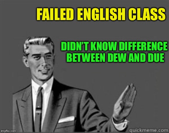 Grammar Guy | FAILED ENGLISH CLASS DIDN’T KNOW DIFFERENCE BETWEEN DEW AND DUE | image tagged in grammar guy | made w/ Imgflip meme maker