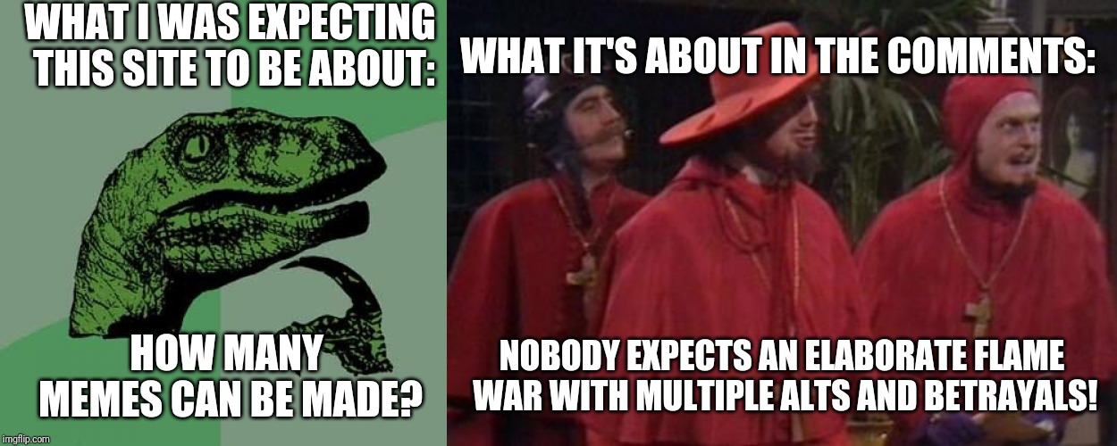 Img Flip Drama is very complex. | WHAT I WAS EXPECTING THIS SITE TO BE ABOUT:; WHAT IT'S ABOUT IN THE COMMENTS:; HOW MANY MEMES CAN BE MADE? NOBODY EXPECTS AN ELABORATE FLAME WAR WITH MULTIPLE ALTS AND BETRAYALS! | image tagged in memes,philosoraptor,nobody expects the spanish inquisition monty python,internet trolls,comments,flame war | made w/ Imgflip meme maker