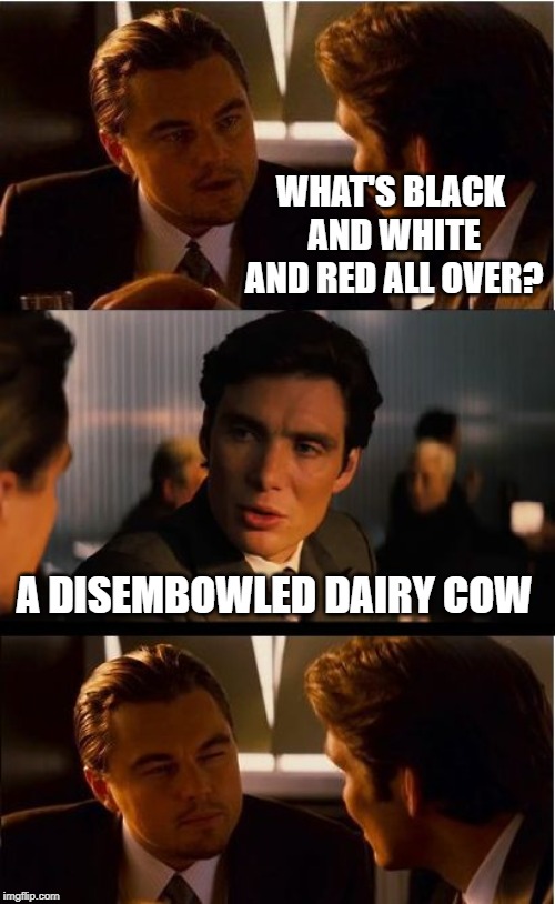 Yes, yes it is B&W&R | WHAT'S BLACK AND WHITE AND RED ALL OVER? A DISEMBOWLED DAIRY COW | image tagged in memes,inception | made w/ Imgflip meme maker
