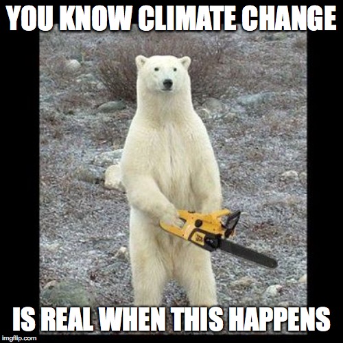 Chainsaw Bear Meme | YOU KNOW CLIMATE CHANGE; IS REAL WHEN THIS HAPPENS | image tagged in memes,chainsaw bear | made w/ Imgflip meme maker