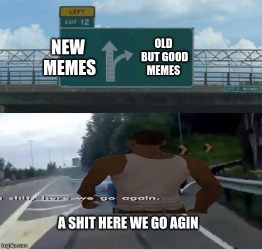 Left Exit 12 Off Ramp Meme | NEW MEMES; OLD BUT GOOD MEMES; A SHIT HERE WE GO AGIN | image tagged in memes,left exit 12 off ramp | made w/ Imgflip meme maker