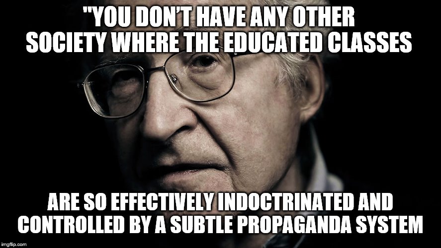 Noam Chomsky | "YOU DON’T HAVE ANY OTHER SOCIETY WHERE THE EDUCATED CLASSES ARE SO EFFECTIVELY INDOCTRINATED AND CONTROLLED BY A SUBTLE PROPAGANDA SYSTEM | image tagged in noam chomsky | made w/ Imgflip meme maker